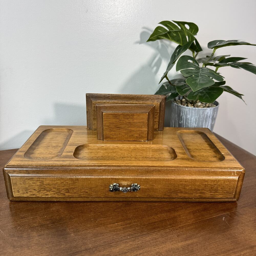 Vintage Wood Valet Tray Organizer Jewelry Box Dresser Top Storage Drawer Orange